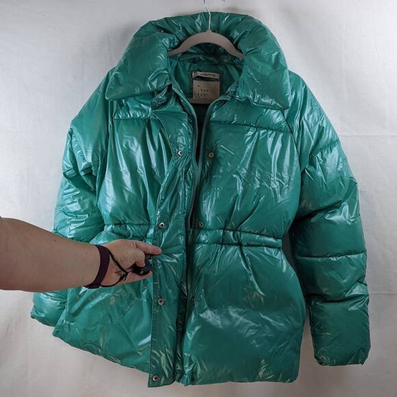 Wet Look Puffer Coat‎ A New Day Jade XS Green Winter Zip Up Puffy Cinch Jacket - Picture 5 of 11